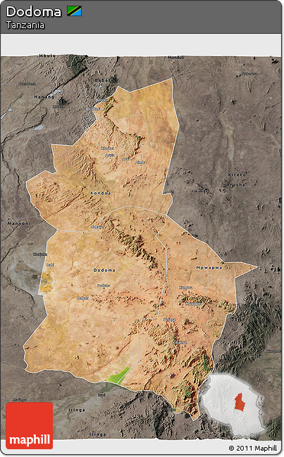 Satellite 3D Map of Dodoma, darken, semi-desaturated