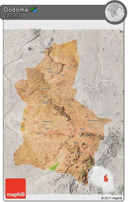 Satellite 3D Map of Dodoma, lighten, semi-desaturated