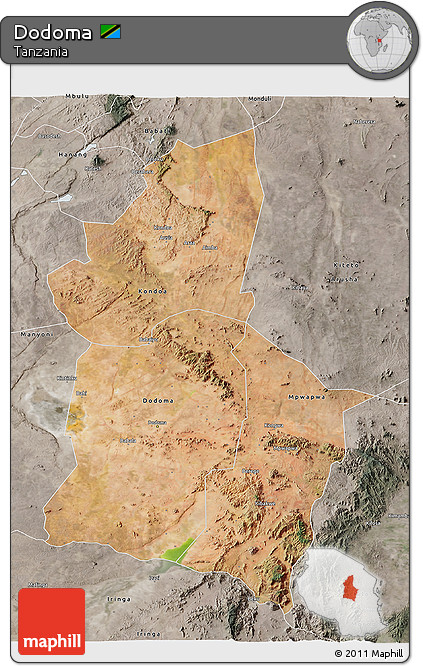 Satellite 3D Map of Dodoma, semi-desaturated