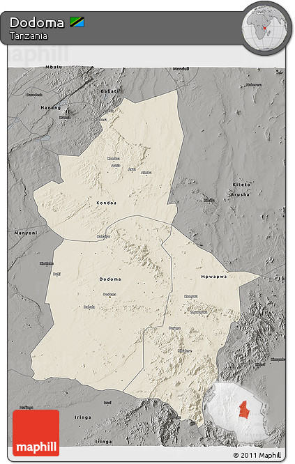 Shaded Relief 3D Map of Dodoma, darken, semi-desaturated