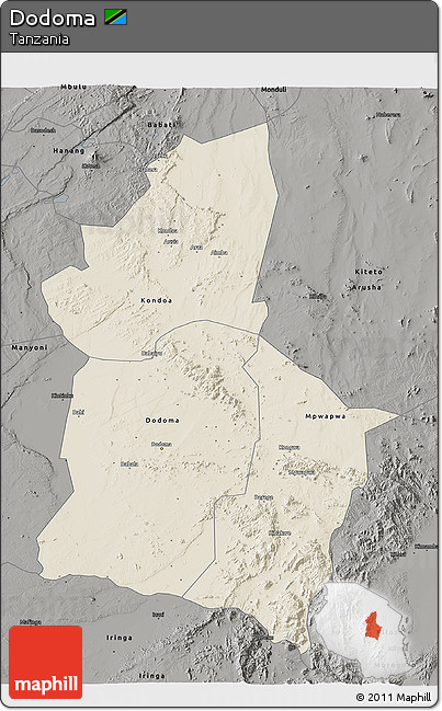 Shaded Relief 3D Map of Dodoma, darken, semi-desaturated