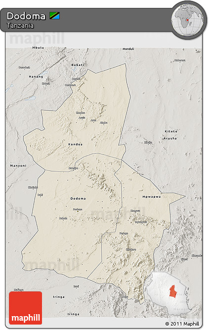 Shaded Relief 3D Map of Dodoma, semi-desaturated