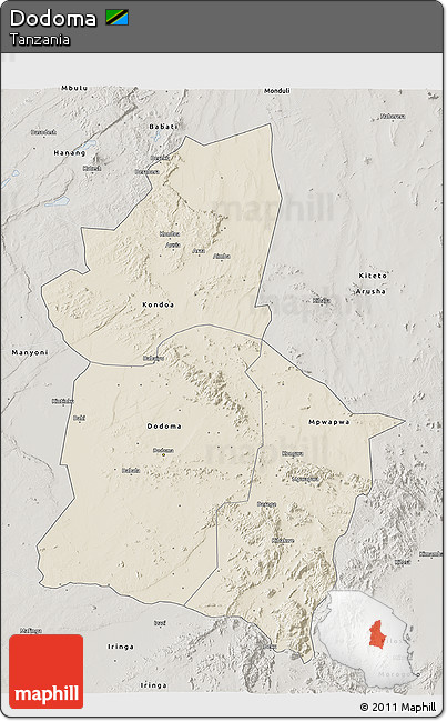 Shaded Relief 3D Map of Dodoma, semi-desaturated