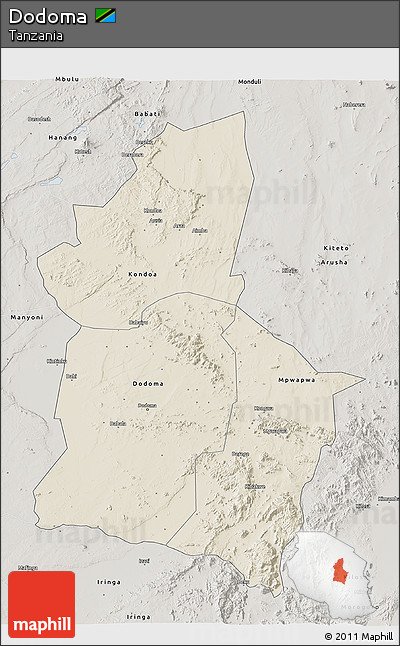 Shaded Relief 3D Map of Dodoma, semi-desaturated
