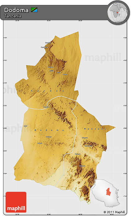 Physical Map of Dodoma, single color outside