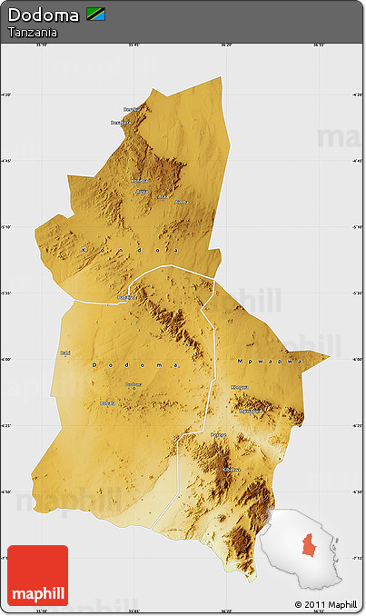 Physical Map of Dodoma, single color outside