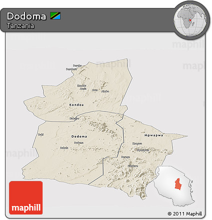 Shaded Relief Panoramic Map of Dodoma, single color outside