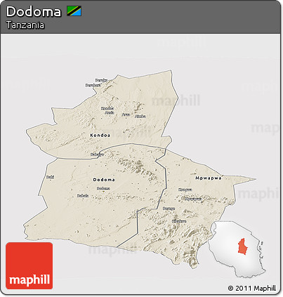 Shaded Relief Panoramic Map of Dodoma, single color outside