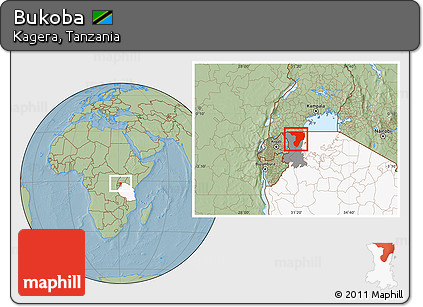 Savanna Style Location Map of Bukoba, highlighted country, highlighted parent region, hill shading