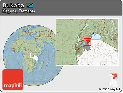Savanna Style Location Map of Bukoba, highlighted country, highlighted parent region, hill shading