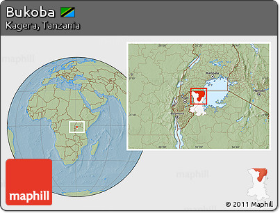 Savanna Style Location Map of Bukoba, highlighted parent region, hill shading
