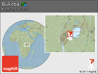 Savanna Style Location Map of Bukoba, highlighted parent region, hill shading