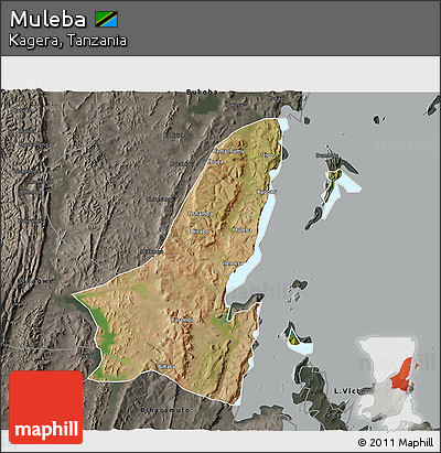 Satellite 3D Map of Muleba, darken, semi-desaturated