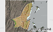 Satellite 3D Map of Muleba, darken, semi-desaturated