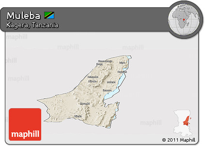 Shaded Relief Panoramic Map of Muleba, single color outside