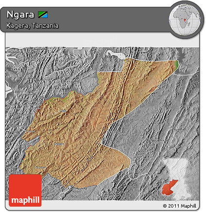 Satellite 3D Map of Ngara, desaturated