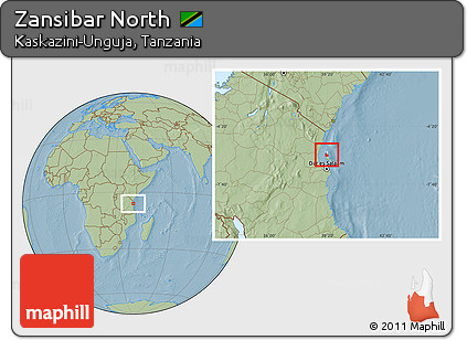 Savanna Style Location Map of Zansibar North, highlighted parent region, hill shading