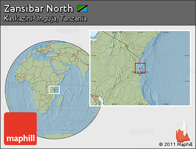 Savanna Style Location Map of Zansibar North, highlighted parent region, hill shading