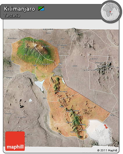 Satellite 3D Map of Kilimanjaro, semi-desaturated