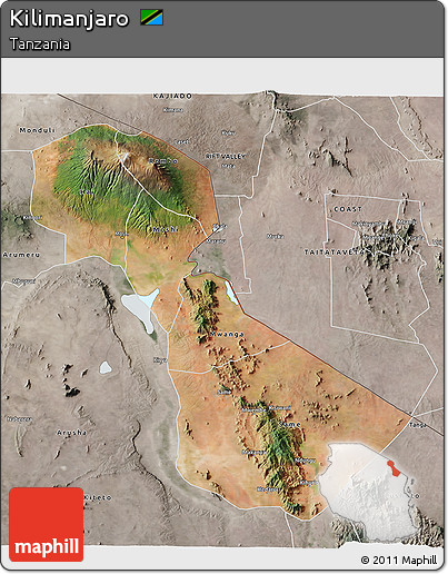 Satellite 3D Map of Kilimanjaro, semi-desaturated