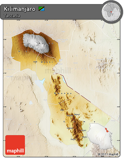 Physical Map of Kilimanjaro, lighten