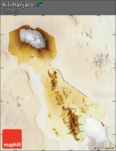 Physical Map of Kilimanjaro, lighten