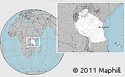 Blank Location Map of Tanzania, gray outside, hill shading outside