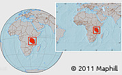 Gray Location Map of Tanzania, within the entire continent, hill shading