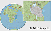 Gray Location Map of Tanzania, savanna style outside, hill shading inside