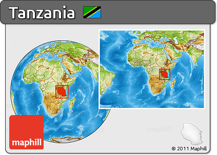 Physical Location Map of Tanzania, within the entire continent