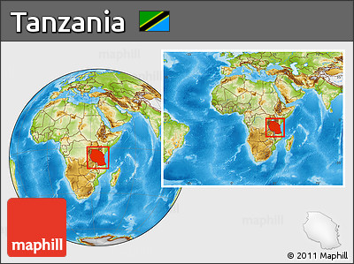Physical Location Map of Tanzania, within the entire continent