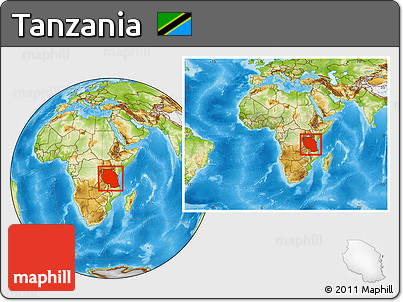 Physical Location Map of Tanzania, within the entire continent