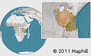 Satellite Location Map of Tanzania, lighten, desaturated, land only