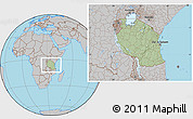 Savanna Style Location Map of Tanzania, gray outside, hill shading inside