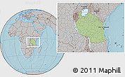 Savanna Style Location Map of Tanzania, gray outside, hill shading outside