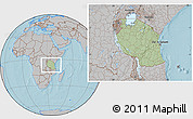 Savanna Style Location Map of Tanzania, gray outside, hill shading