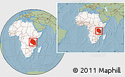 Savanna Style Location Map of Tanzania, highlighted continent, within the entire continent, hill shading