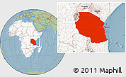 Savanna Style Location Map of Tanzania, highlighted continent, hill shading