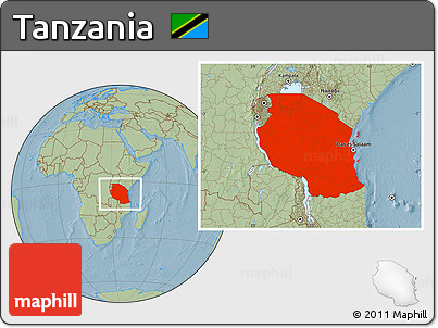 Savanna Style Location Map of Tanzania, hill shading
