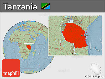 Savanna Style Location Map of Tanzania, hill shading