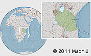 Savanna Style Location Map of Tanzania, lighten, desaturated, land only, hill shading