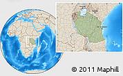 Savanna Style Location Map of Tanzania, shaded relief outside, hill shading