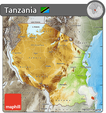 Physical Map of Tanzania, semi-desaturated, land only