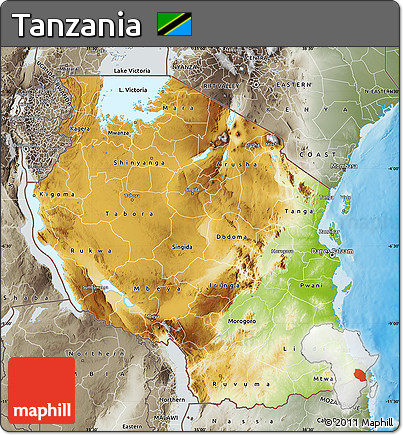Physical Map of Tanzania, semi-desaturated, land only