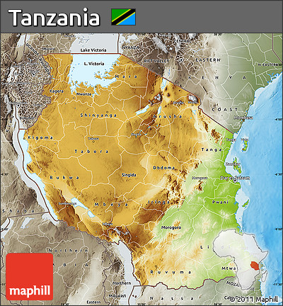 Physical Map of Tanzania, semi-desaturated, land only