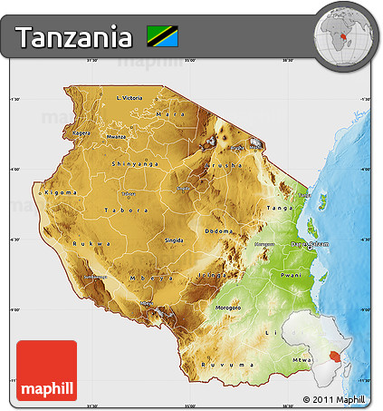 Physical Map of Tanzania, single color outside