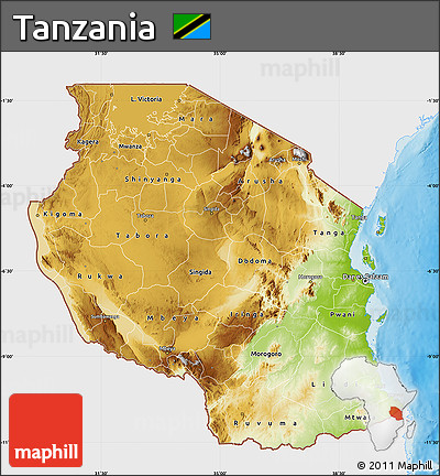 Physical Map of Tanzania, single color outside