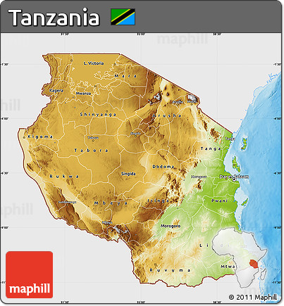 Physical Map of Tanzania, single color outside