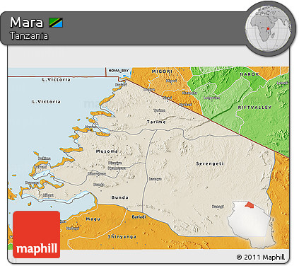 Shaded Relief 3D Map of Mara, political outside