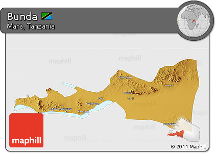 Physical 3D Map of Bunda, single color outside